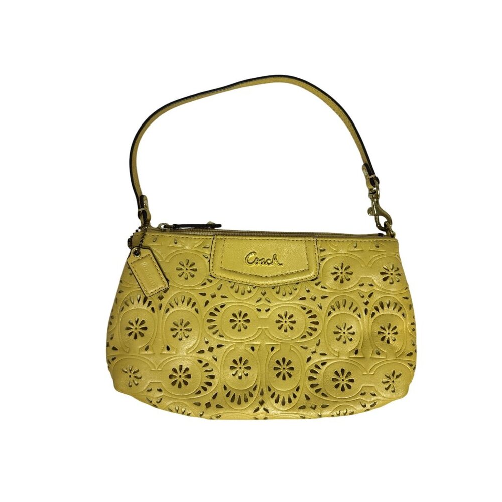 Coach Leather Daisy Eyelet Perforated Wristlet Bag Mini Marigold Yellow